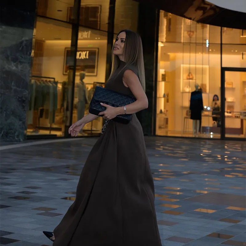 Slanted Collar Solid Pleated Long Dress