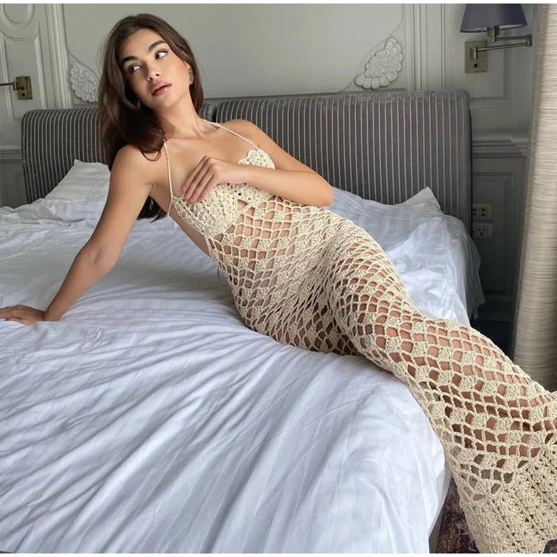 Crochet Halter Lace Up Bodycon Beach Robe