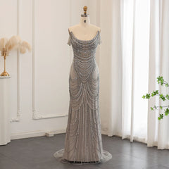Silver Gray Crystal Mermaid Evening Gown