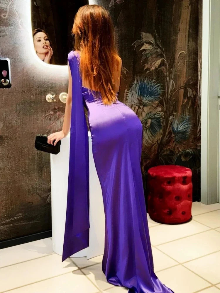 Purple Satin Halter Neck 3D Flower Scarf Maxi Dress