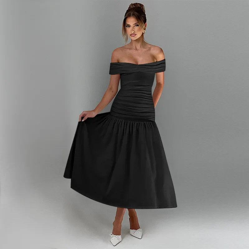 Slash Neck Off Shoulder Solid Dress