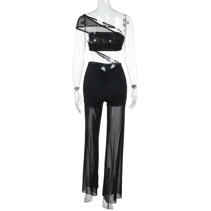 Mesh Patchwork One Piece Wide Leg Pants Jumpsuit