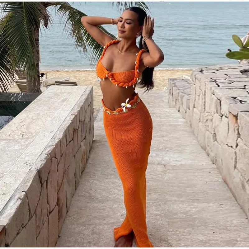 Shell Crop Tops Suit With Split Long Skirt