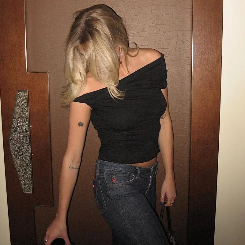 Twisted One Shoulder Asymmetrical Crop Tops Black