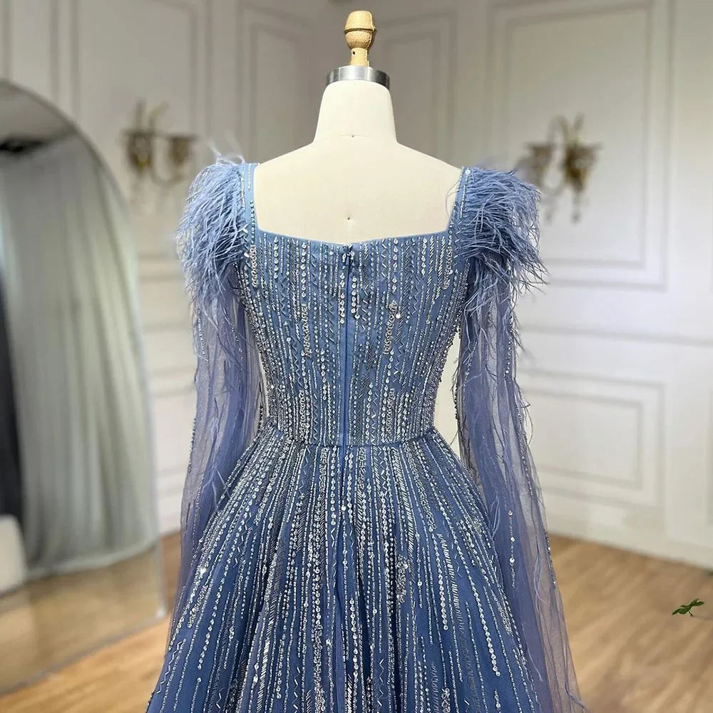 Cape Sleeves Feathers Beaded Evening Dresses