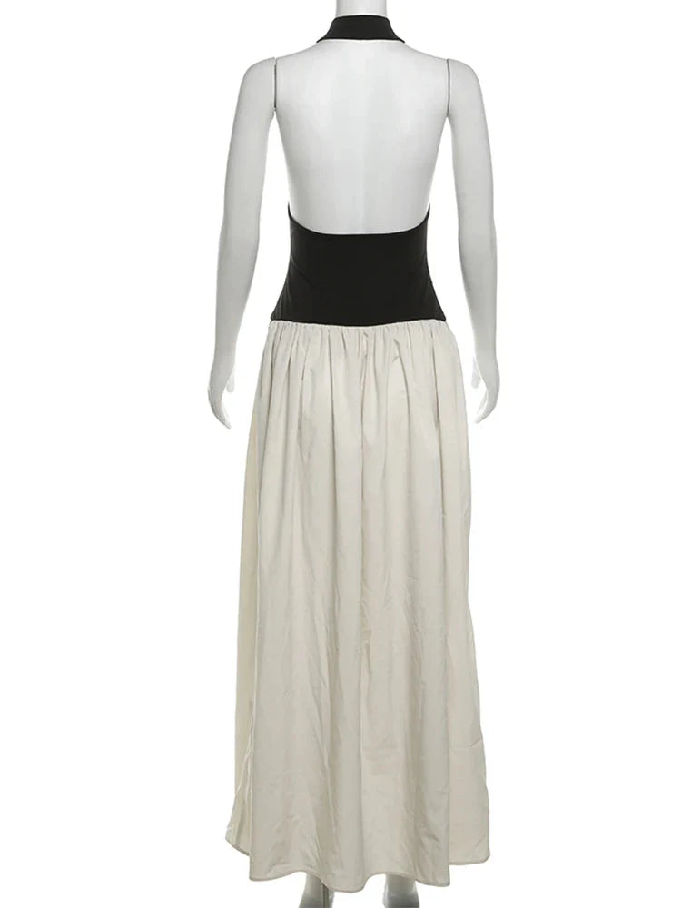 Contrast Patchwork Halter Backless Long Bodycon Dress