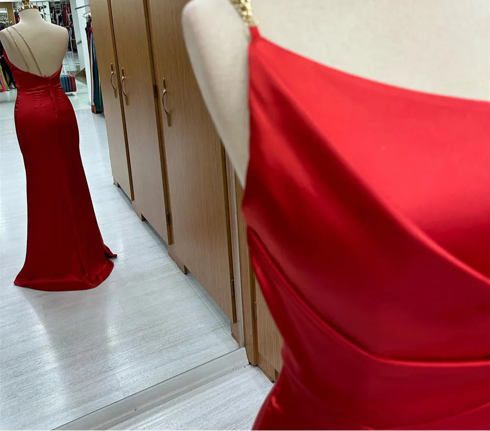 Red One Shoulder Mermaid Satin Party Dress Customized