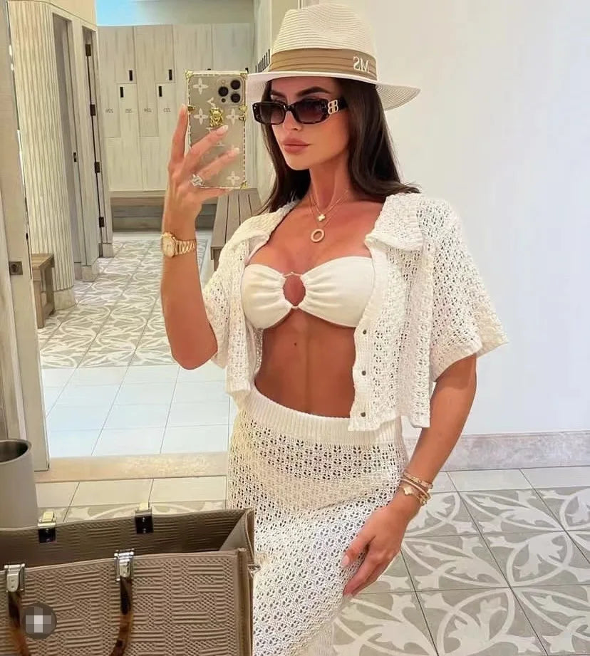 Knit Hollow Out Top and Long Skirt Suit