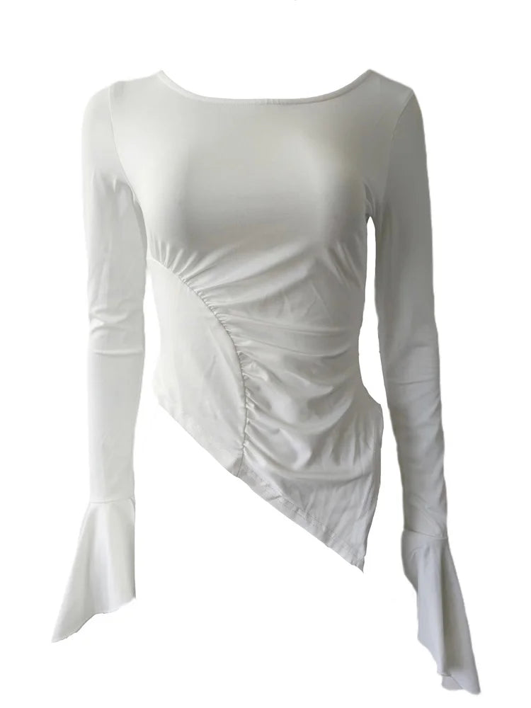 White Pleated Ruffled Long Sleeve Top