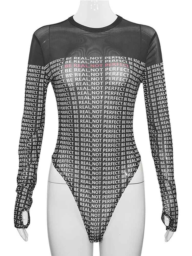 Print Letter Long Sleeve Round Neck Romper