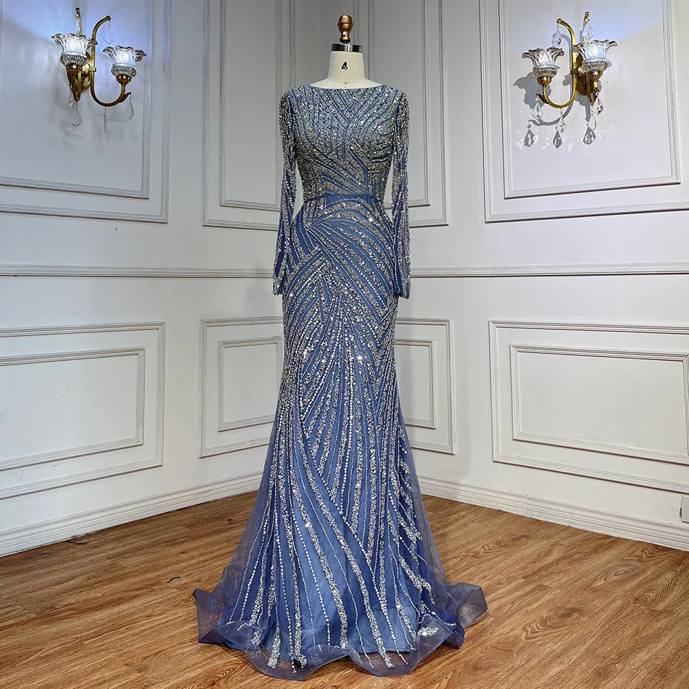 Blue Mermaid Beaded Long Sleeves Evening Gown