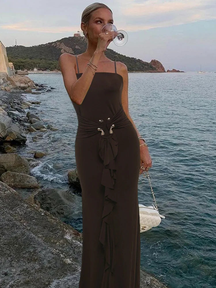 Metal Buckle Ruched Spaghetti Strap Long Dress