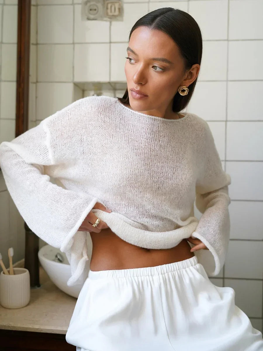 Hollow Solid See-through Long Sleeve Knitted Top