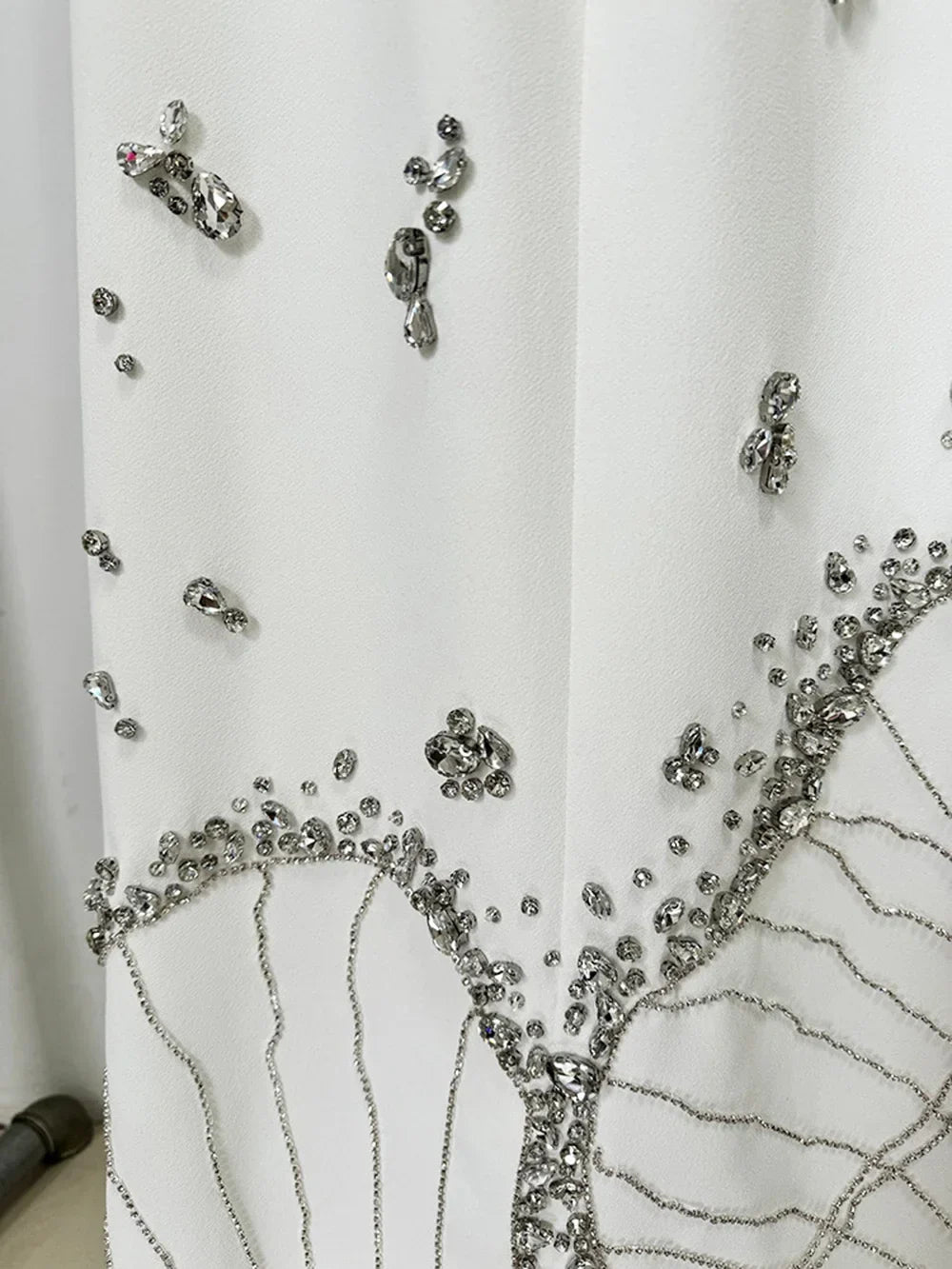 White Beads Diamond Long Sleeve Maxi Dress