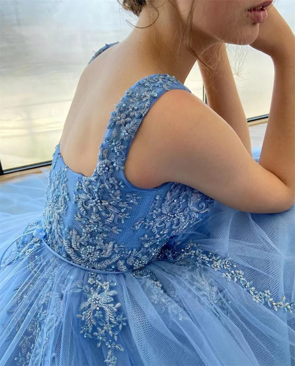 Heart Neck Beaded Lace Embroidery Prom Dress