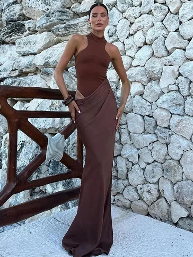 Satin Sleeveless High Neck Dress