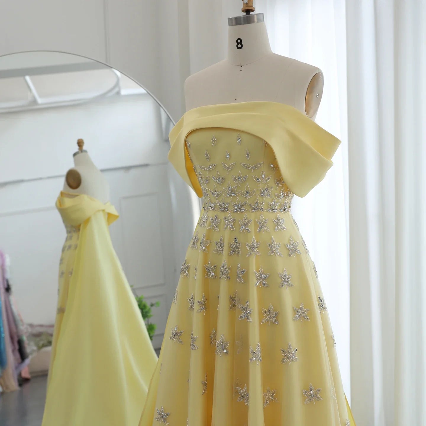 Yellow Satin Evening Gown with Cape