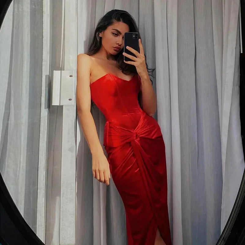 Backless Red Dress Strapless Sleeveless with Slit