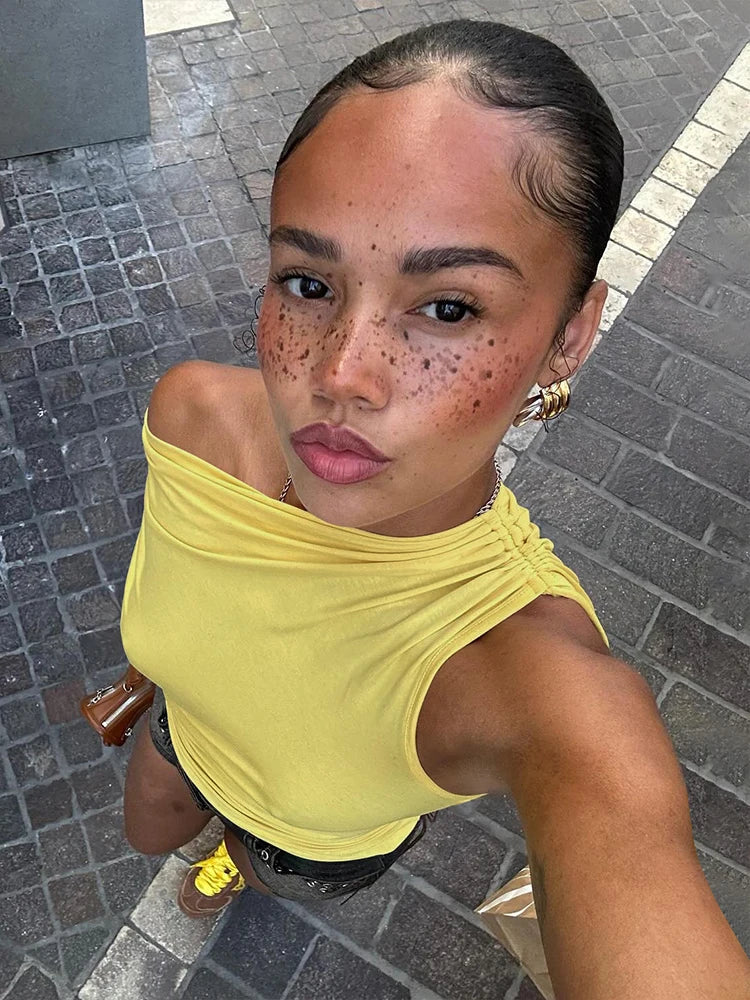 Slash Neck Shirring Bandage Solid Top