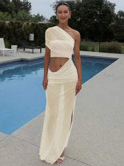 Mesh Backless One-Shoulder Long Dress