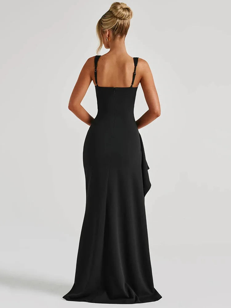 Black Spaghetti Strap Thigh High Split Long Dress