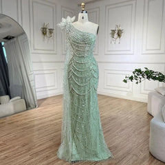 Pearl Embellished Sage Green Mermaid Evening Gown