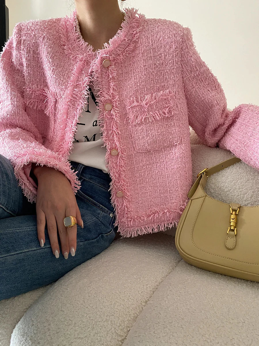 Pink Fringe Fur Shoulder Pad Tweed Blazer