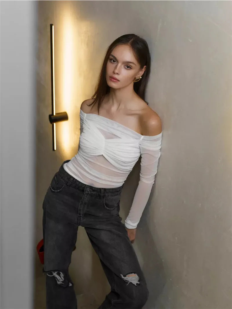Mesh Off-shoulder Pleated Bust Strapless See Through Top