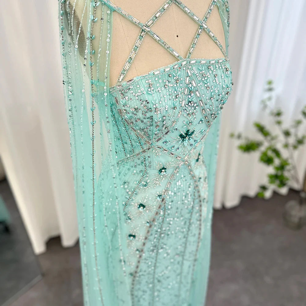Aqua Mermaid Evening Gown with Cape Sleeves
