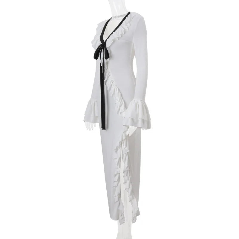 Long Sleeved Ruffled Slit Maxi Dress for Women