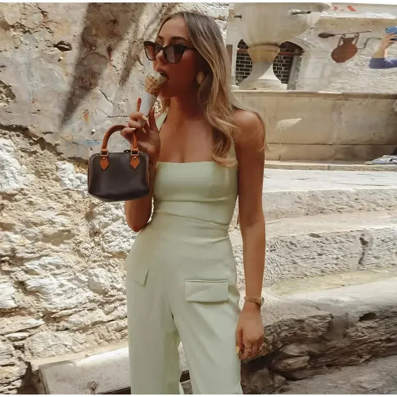 Square Collar Halter Top and Long Pant Suit