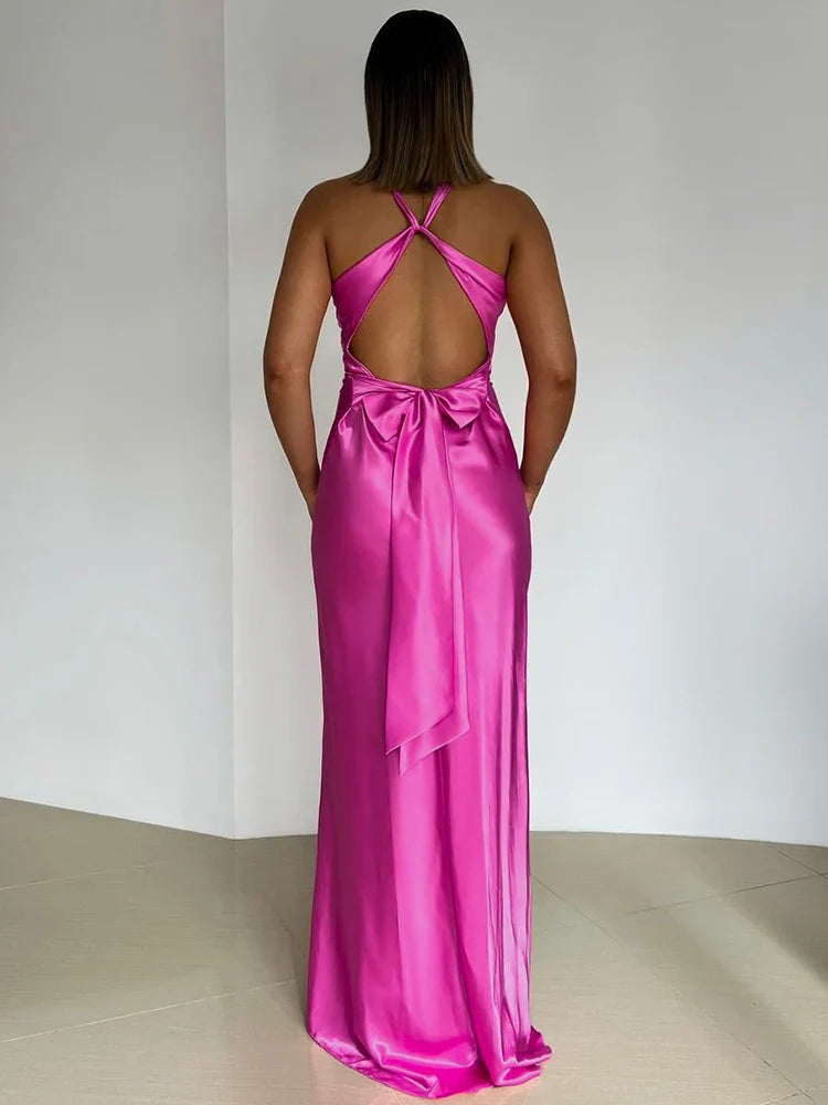 V Neck Sleeveless Satin Bow Backless Maxi Dress