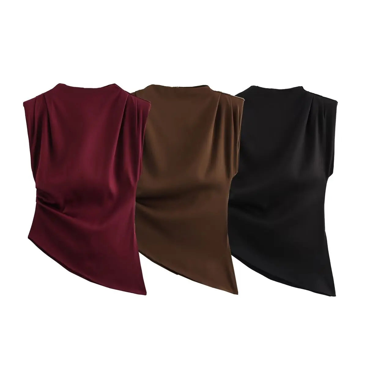 Sleeveless Cropped Top Pleated Round Neck Vest T-Shirt