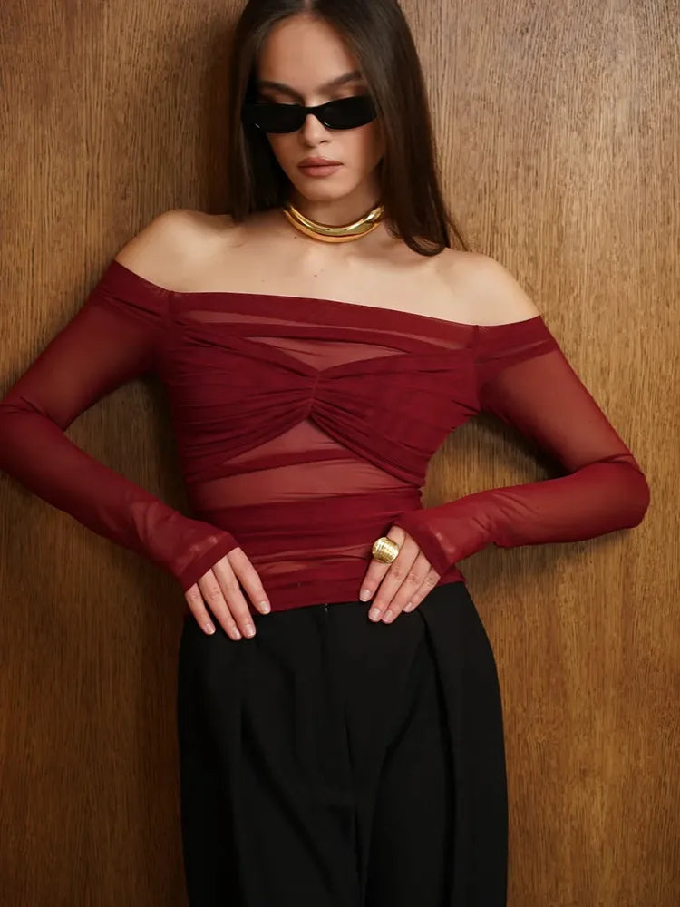 Mesh Off-shoulder Pleated Bust Strapless See Through Top