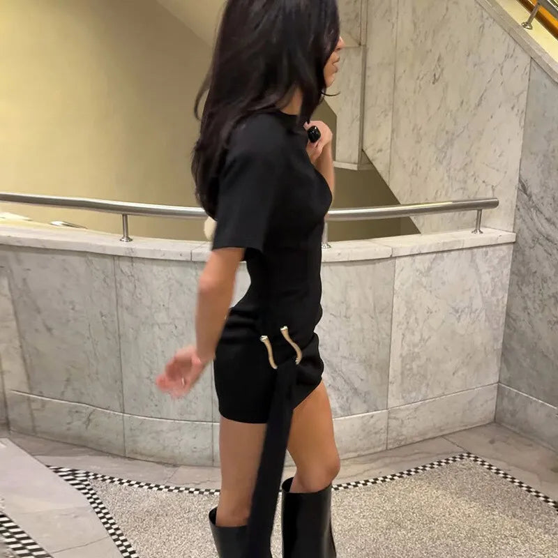 Short Sleeve Draped Black Metal Buckle Mini Dress