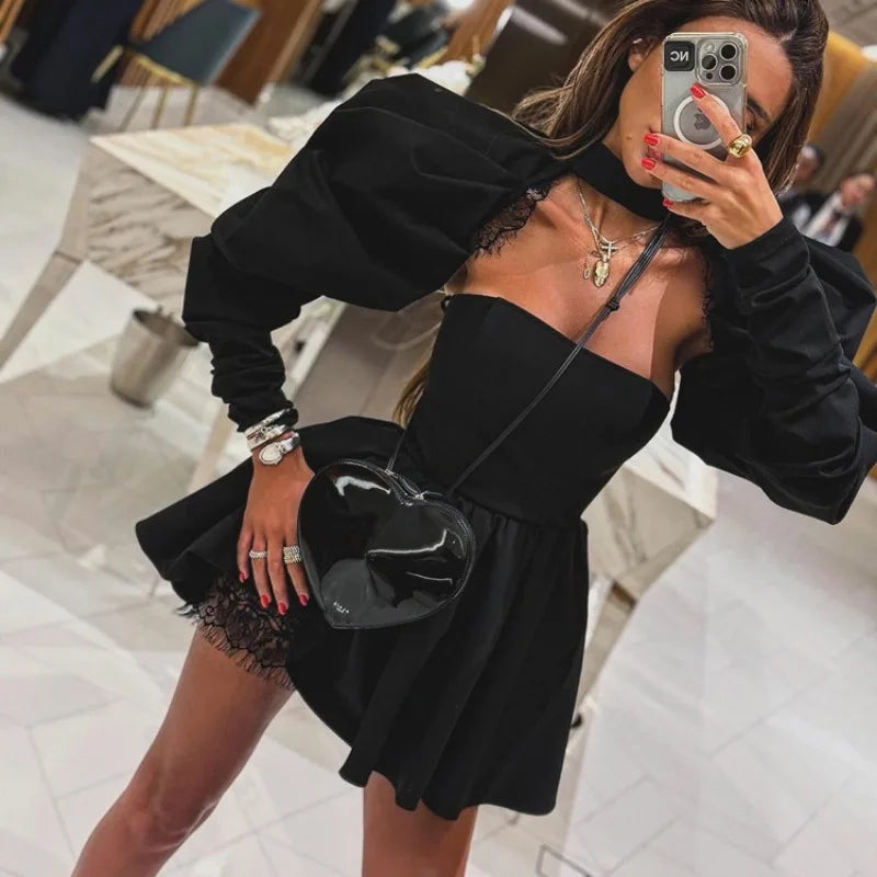 Puff Long-sleeved Black Mini Dress