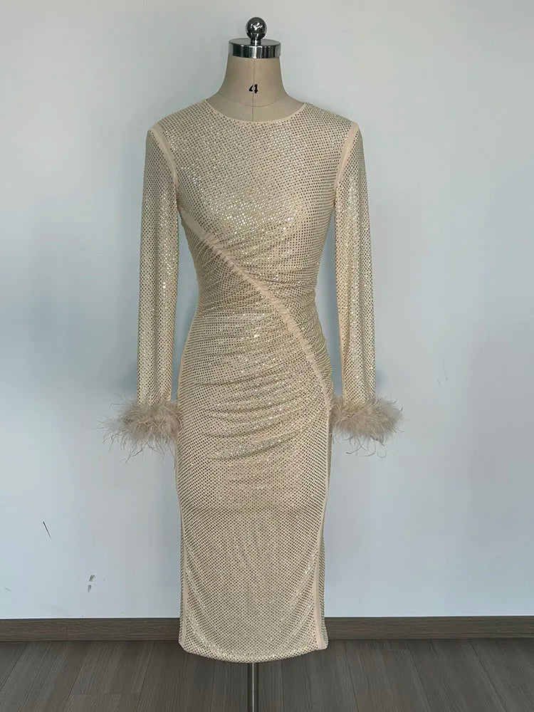 Feathers Rhinestone Folds Midi Dress