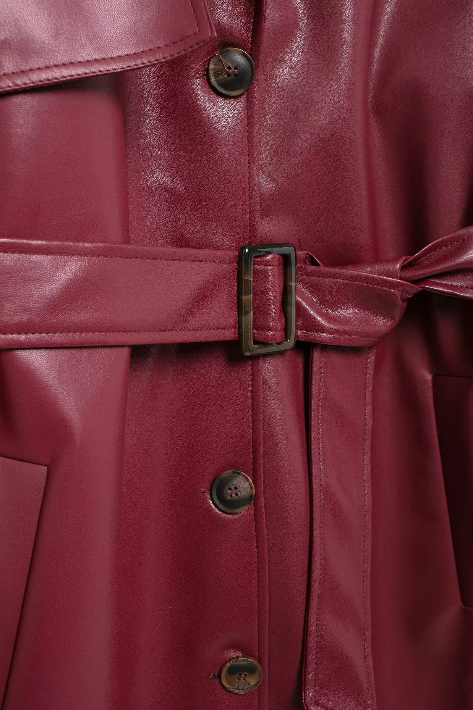 Lapel Pocket Belt Faux Leather Long Coat
