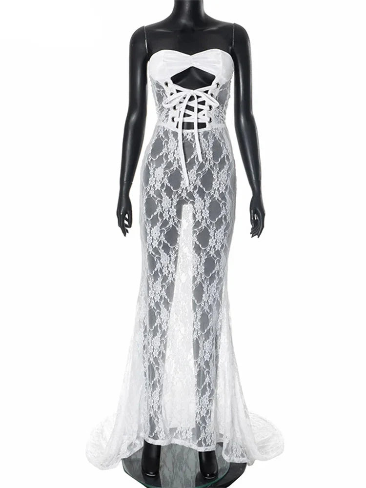 Lace Up Hollow Out Corset Tube Maxi Dress