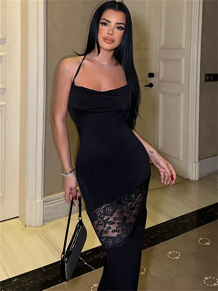 Black Printed Lace-Up Hollow Out Dress