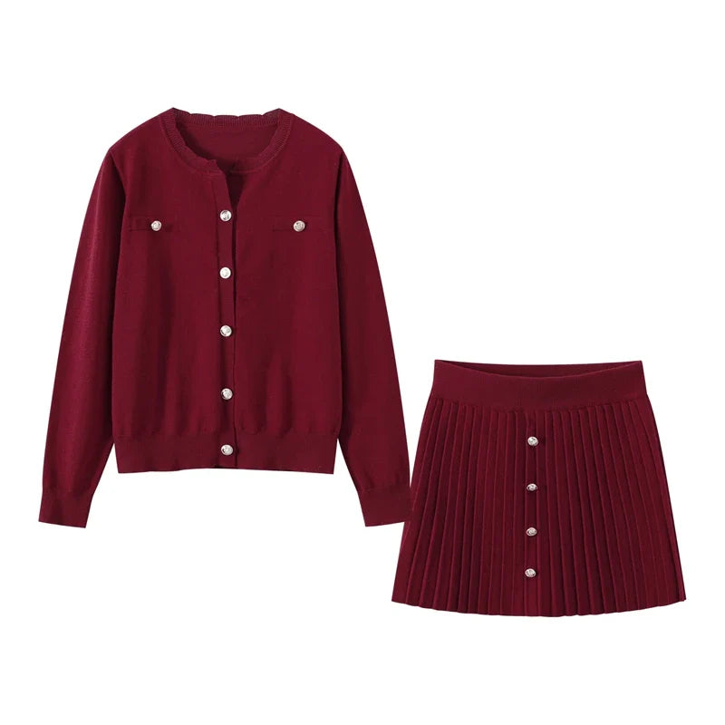 Slim Fit Elegant Burgundy Red Coat and Mini Skirt Set for Women