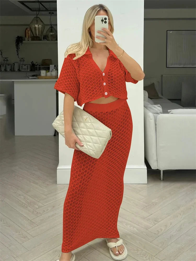 Knit Hollow Out Top and Long Skirt Suit