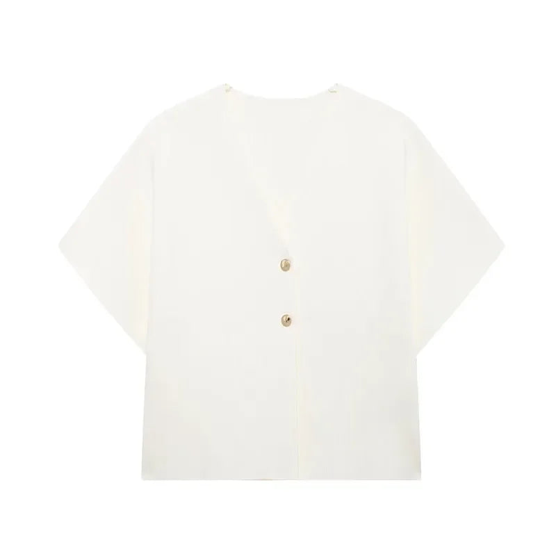 Knitted Flat Pin V-Neck Solid Short Sleeved Tops