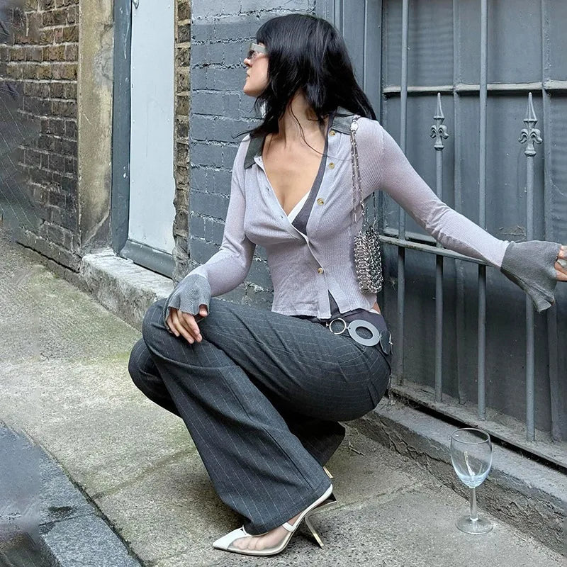 Gray Long Sleeve Knitted T-Shirt