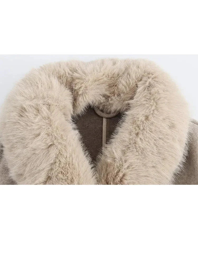 Faux Fur Collar Full Sleeves Belted Long Coat