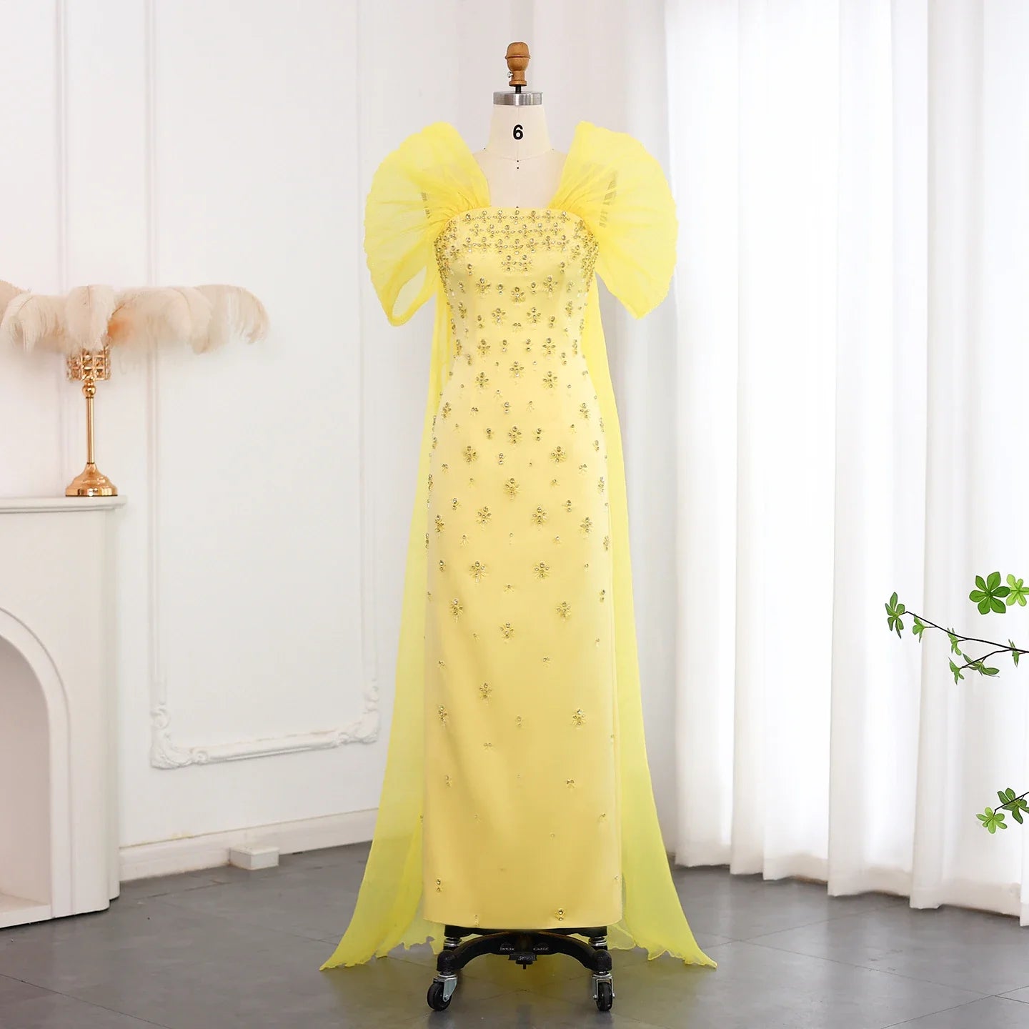 Beaded Yellow Evening Gown with Cape Sleeves