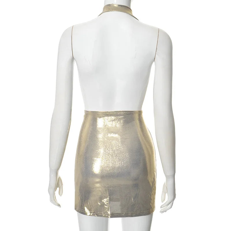 Gold Color Halter Neck Open Back Mini Dress