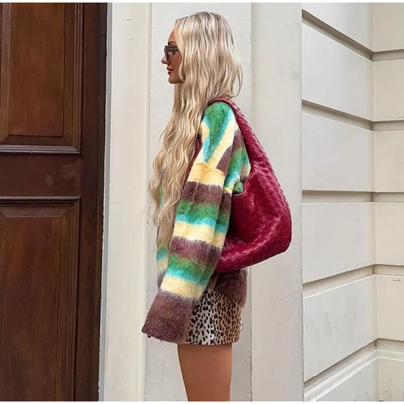 Mohair Striped Long Sleeve Contrast Sweater