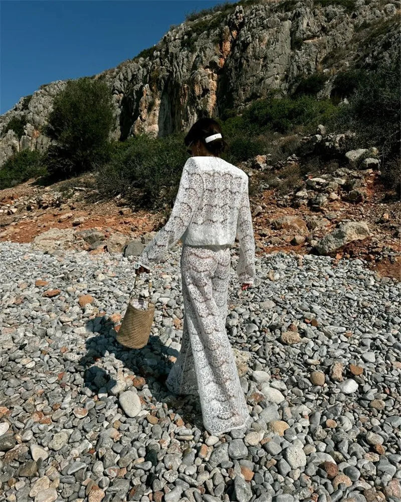 White Lace Two-Piece Loose Trouser Set