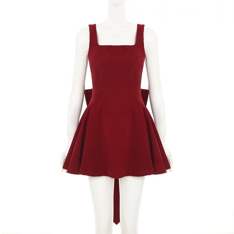 Red Bow Dress A Line Spaghetti Straps Backless